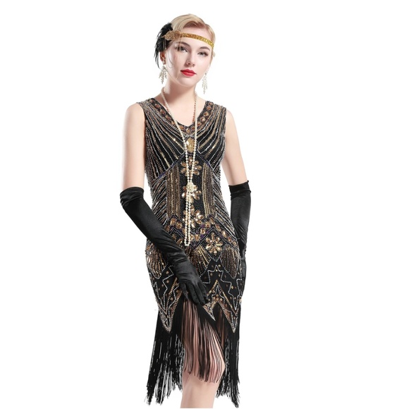 Black and Gold glass beaded Fringe Flapper Dress - Picture 5 of 8